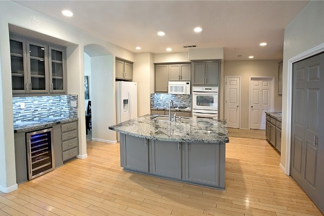 Kitchen remodel with LED lights.